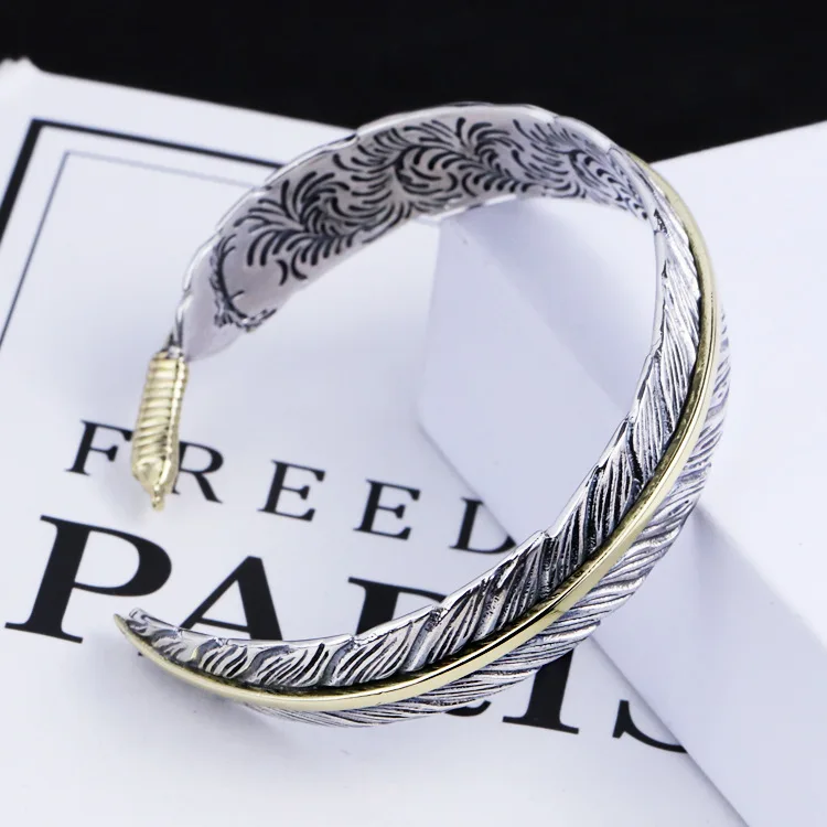 Men's Vintage Feather Bracelet Opened Bracelet Two Tones Silver Gold 925  Sterling Silver Bangle Bracelet For Men - Buy Silver Bracelet 925