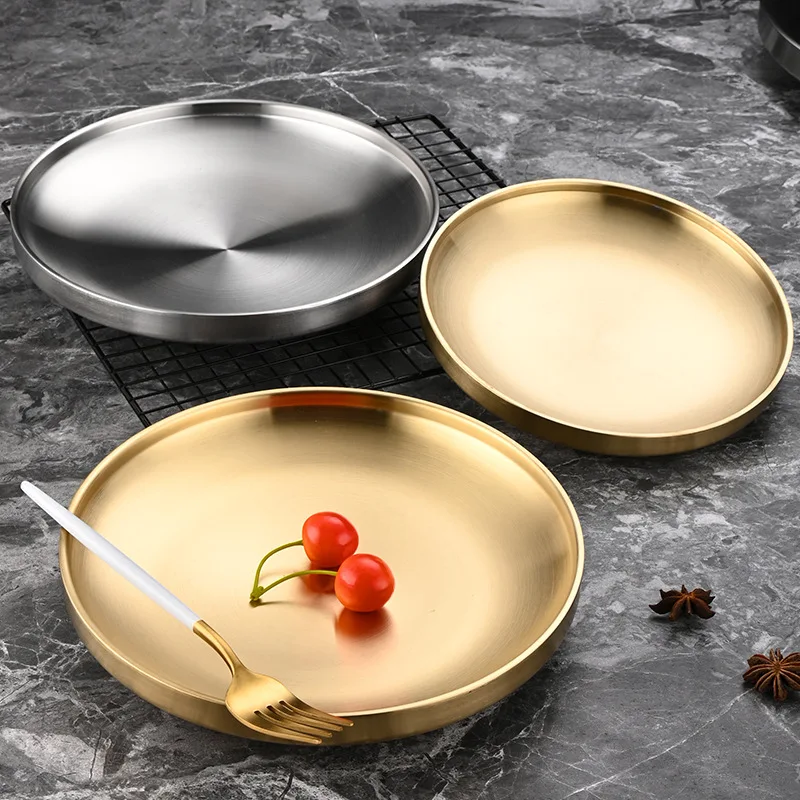 2 vassoi rotondi dorati 20 cm, piatti decorativi in acciaio inox oro, vassoio piccolo, piatto da portata per casa, cucina, campeggio, sala da pranzo