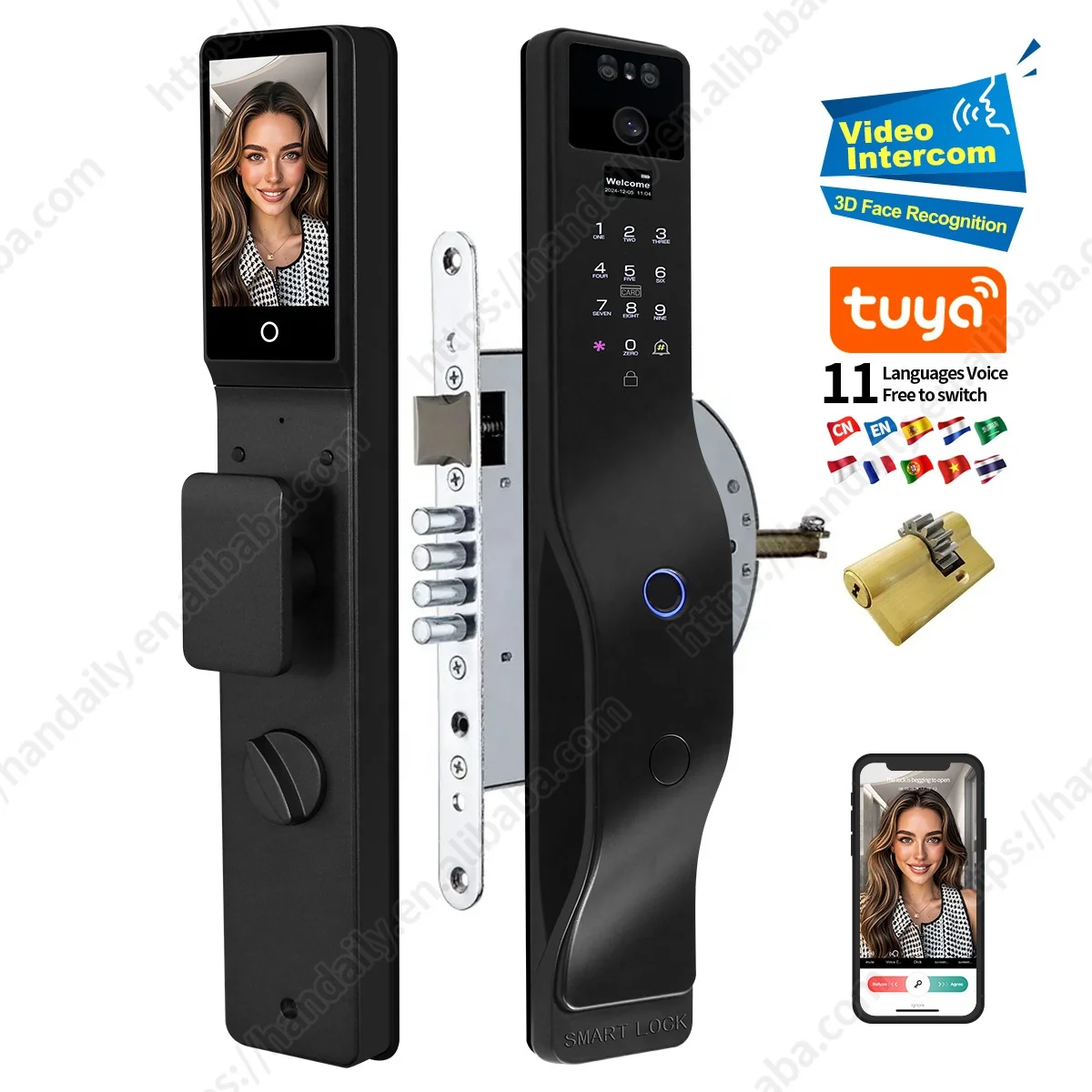 Gesichtserkennung Smart Türschloss Israel Einschubtürschloss Tuya Wifi Fingerabdruck Cerradura Inteligente Digitalschloss mit Kamera für Zuhause W7