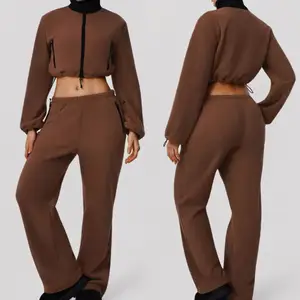 Winter Women Warm Zipper Crop Jacket Sweatshirt  for Women Sport Loose Pants Fitness Women Yoga Two Pieces Set