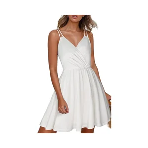 2025 Summer Mini Swing Skater Dress for Women V-Neck Spaghetti Strap Backless Bowknot Casual Chiffon Digital Printing Washable