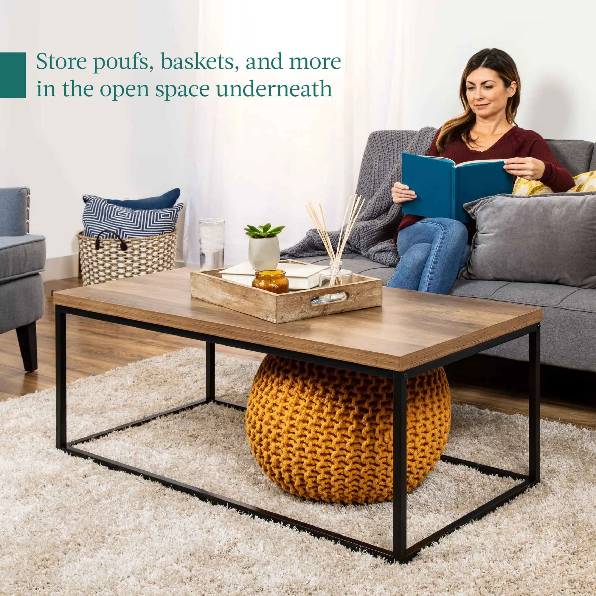 AJUNION 44 Inch Metal Frame Rectangular Wood Grain Top Coffee Table Modern Industrial Living Room Furniture MDF Coffee Table