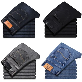 2024Wholesale Summer Lightweight Fitted Straight Leather Business Casual Men's Cotton Stretch Denim Jeans