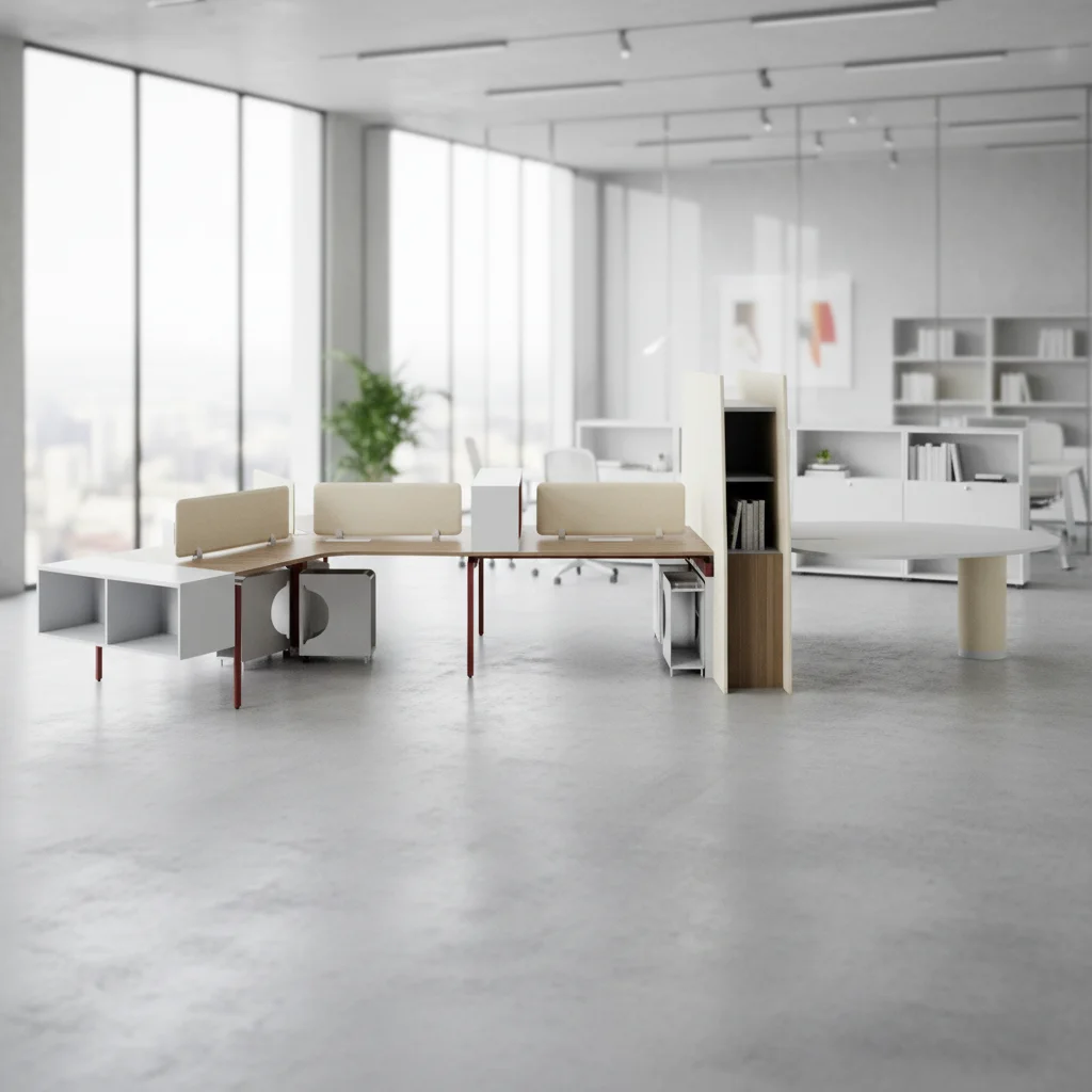 Large Scale Modern Foldable Automatic Convertible Wood Frame Open Office Desk High Cabinet Multi-functional Design Team 6