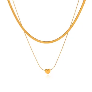 MW Stainless Steel Waterproof 18k Gold Plated Double Layer Mini Heart Charm Flat Snake Chain Layered Necklaces Jewelry for Women