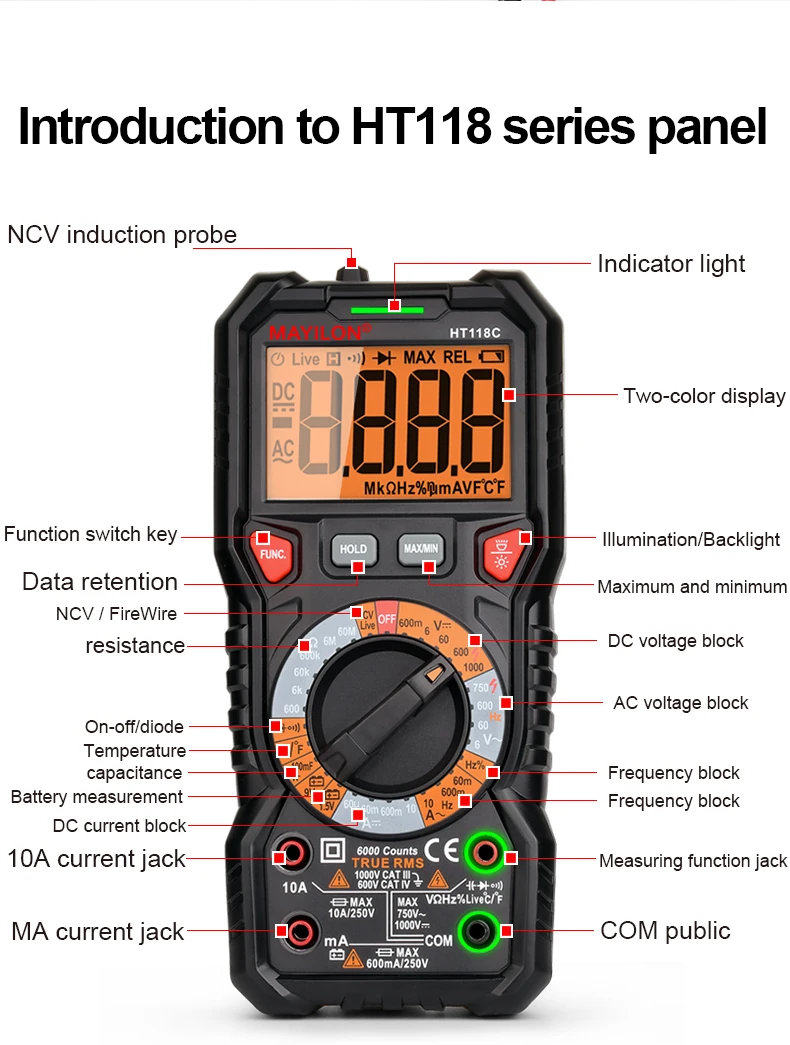 MAYILON Digital Multimeter NCV Voltage Capacitance Frequency Transistor Tester 1000V AC DC Ohm True RMS Multi Meter HT118C