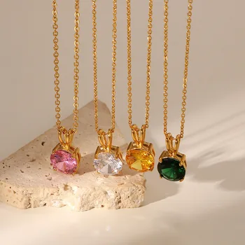 Wholesale stock circular colored zircon black rhinestone pink diamond titanium necklace gold jewelry stainless steel pendant