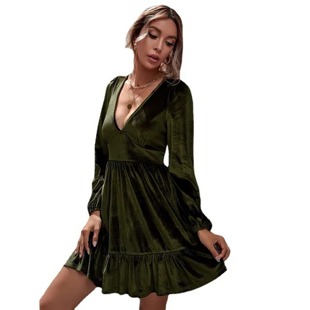 1271 Sexy V neck dress puff long sleeves velvet ruffle skirt european casual summer youthful women clothing modest green design