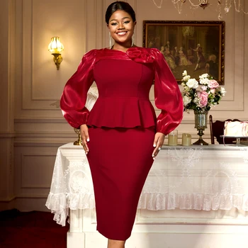 AM050215 Big Flower Long Sleeve Peplum Elegant Africa Plus Size Wine Women's Career Pencil Dresses for Mother's Day