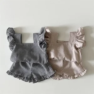 Girl's Summer Casual Clothing Set Baby Plaid T-Shirt with Fluttering Sleeves and Side Frilled Shorts