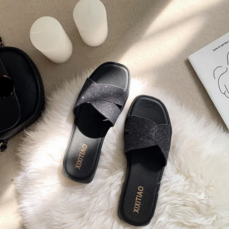 Женские сандалии 2022, женские тапочки на плоской подошве со стразами, женские тапочки со стразами