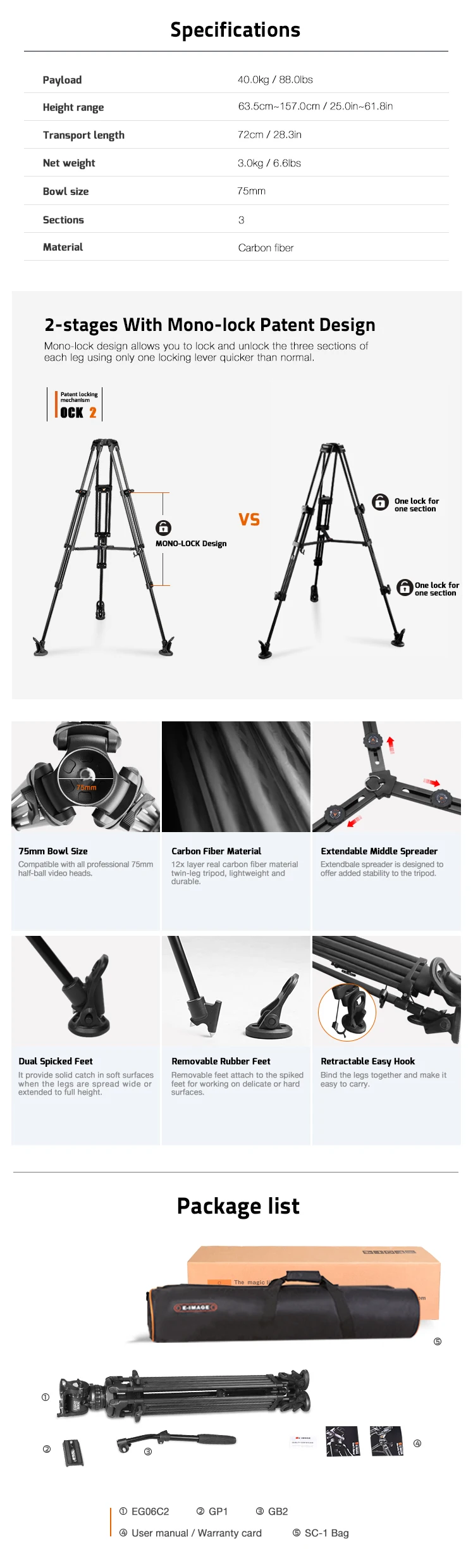 EG06C2 Carbon fiber Tripod System With GH06 Fluid Head ,GB2 Pan Bar For Camcorde