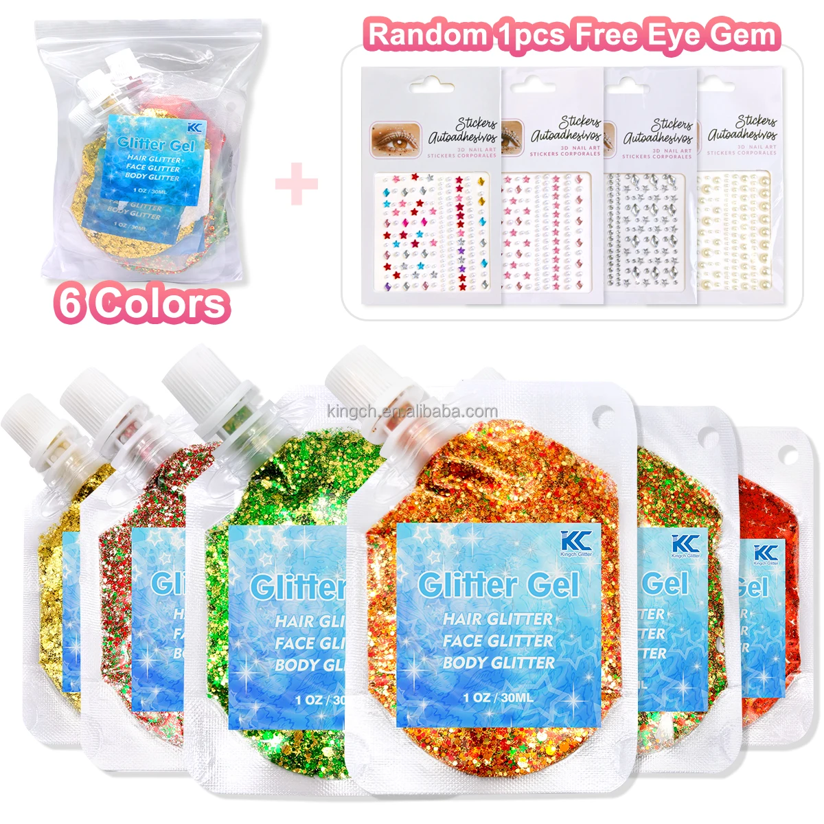 US Warehouses Christmas Hair Glitter Gel for Children's and Women's Body Sequins with Snowflakes and Stars Random Free Eye Gem