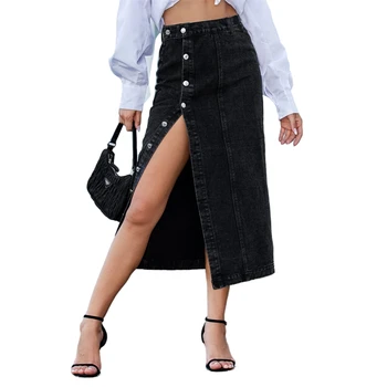 Wholesale Long Denim Skirts Buttocks Elastic Denim Skirt Retro Buttons Black Denim Skirt