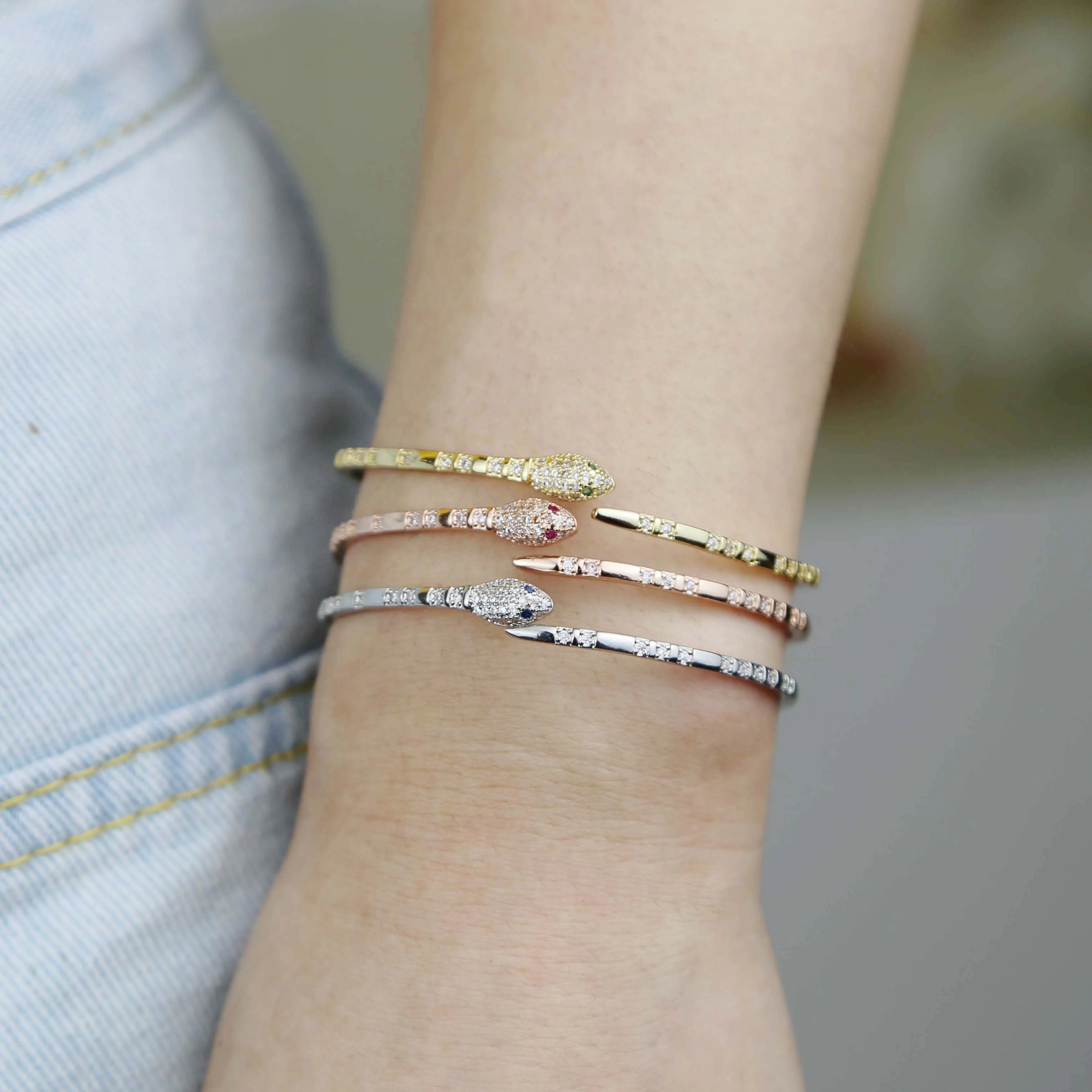 Gold Plated Inlay Zircon Open Adjusted Size Wrap Snake Bangle Bracelet for Women