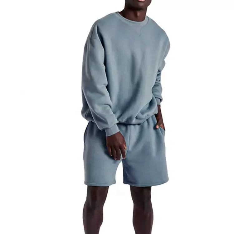 JL0824B Cotton Crewneck Sweatshirt Sweatsuit Plain Shorts Set Embroidery Men’s Crew Neck Sweatshirt and Shorts Set