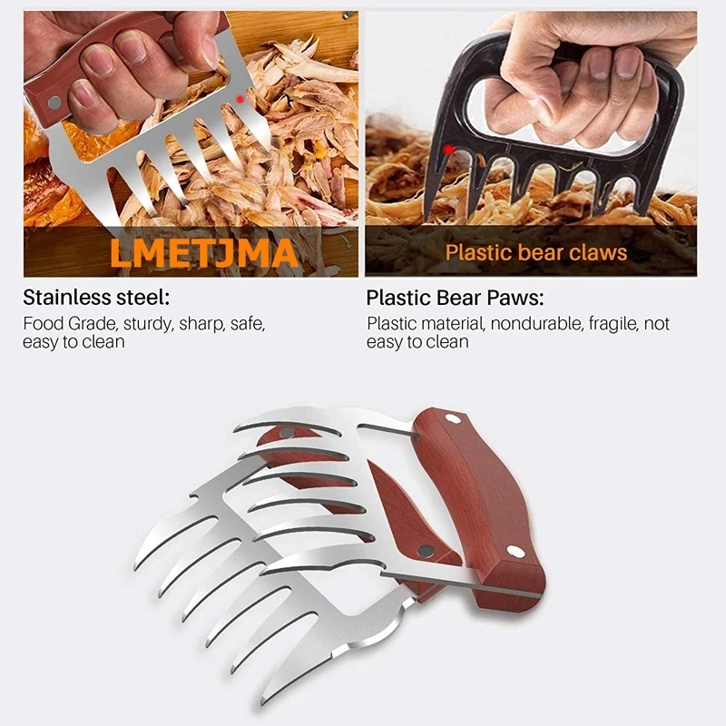 2 Pieces Meat Grinder Claws Stainless Steel Barbecue Claws For Meat  Shredding Pulled Pork Long Wooden Handle With Bottle Opener Kitchen Tool