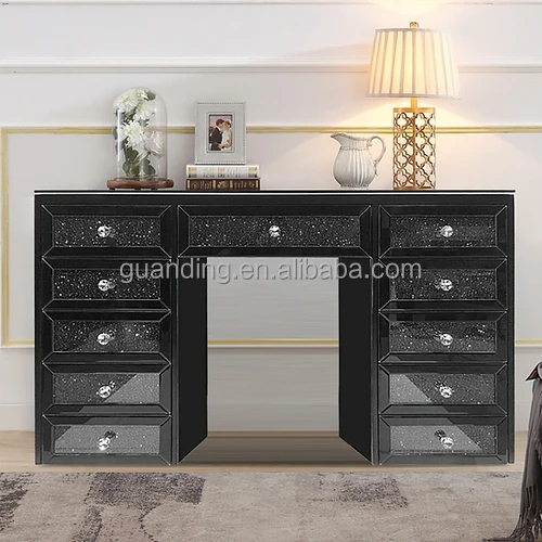 Mirrored Dressing Table Crushed Diamond Mirrored Dresser with 9 Drawer  Mirrored Vanity Table Good Mirrors Factory Wholesale
