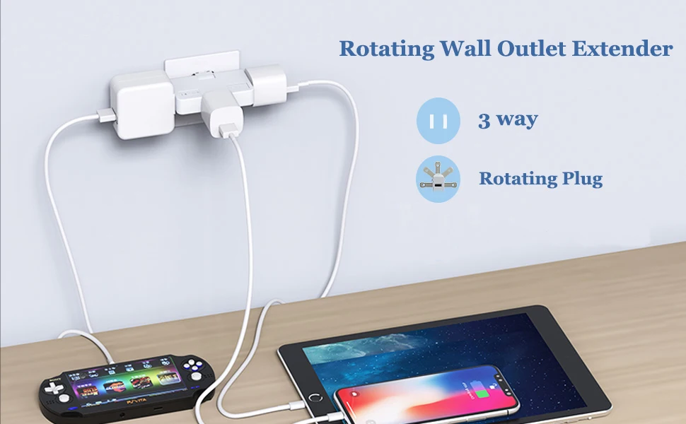 3 Way Wall Outlet Extender Rotatable Socket Converter 180 Degree 3 In 1 ...