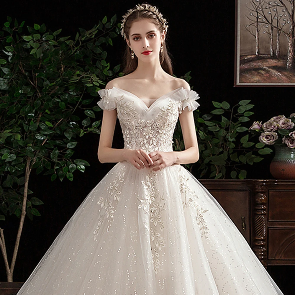 Flowers Beading Sequined Shiny Wedding Dresses Aliexpress Login Vestido De  Noiva Lace up Short Sleeve Princess Bridal Gowns