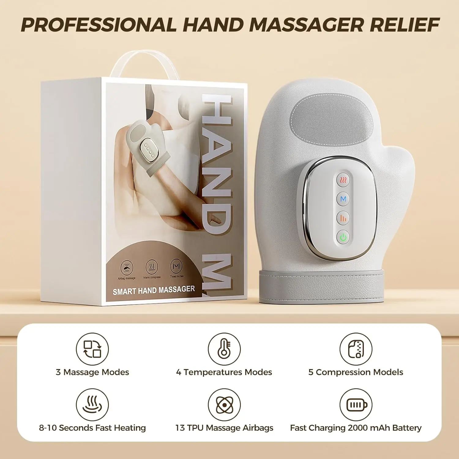 Phenitech Hand Massager with Heat Compression Relief, Hand Therapy Glove, Wrist Palm Massager with 5 Compression Models