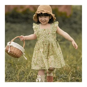 YOEHYAUL High Quality Baby Girl Summer Dresses Square Collar Fly Sleeve Floral Printed Kids Cotton Dresses for Child