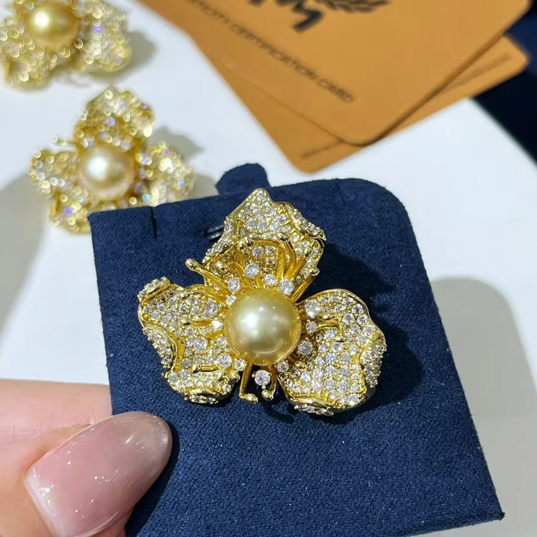 Nanyang Gold Pearl Brooch Retro French High-End Light Luxury Seawater Jewelry Chest Flower Pattern-Wholesale Retail Available