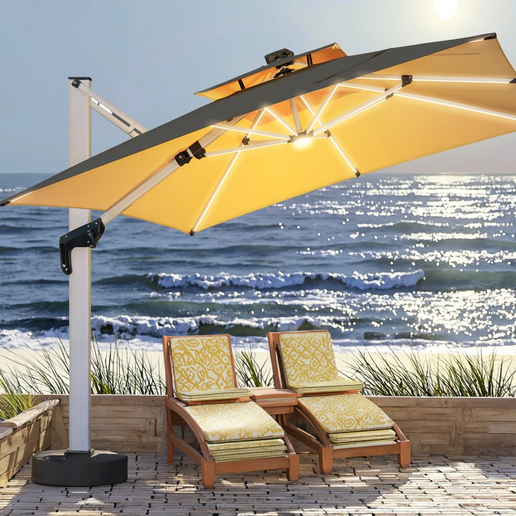 abba patio 9x11 umbrella Abba Patio 9x12ft LED Cantilever Umbrella with Tilt & Cross Base, Wide  Coverage for Garden & Pool, Beige