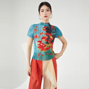 Women's High Quality Pleated Short Sleeve T-Shirt High Neck Stretch Printed Top Fashionable Personalized Summer Casual Style