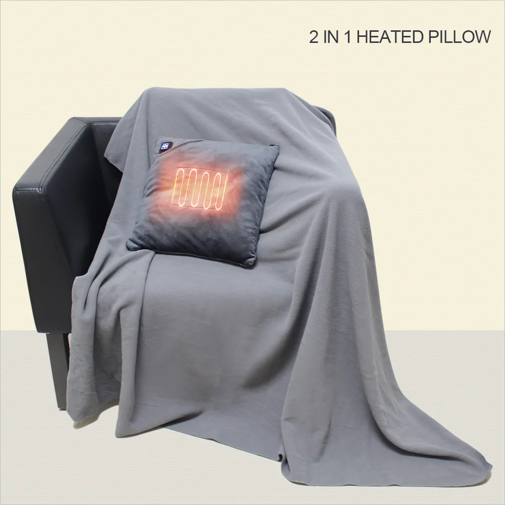2in1 Electric Heated Pillow Travel Airplane Blanket Fleece Knitted
