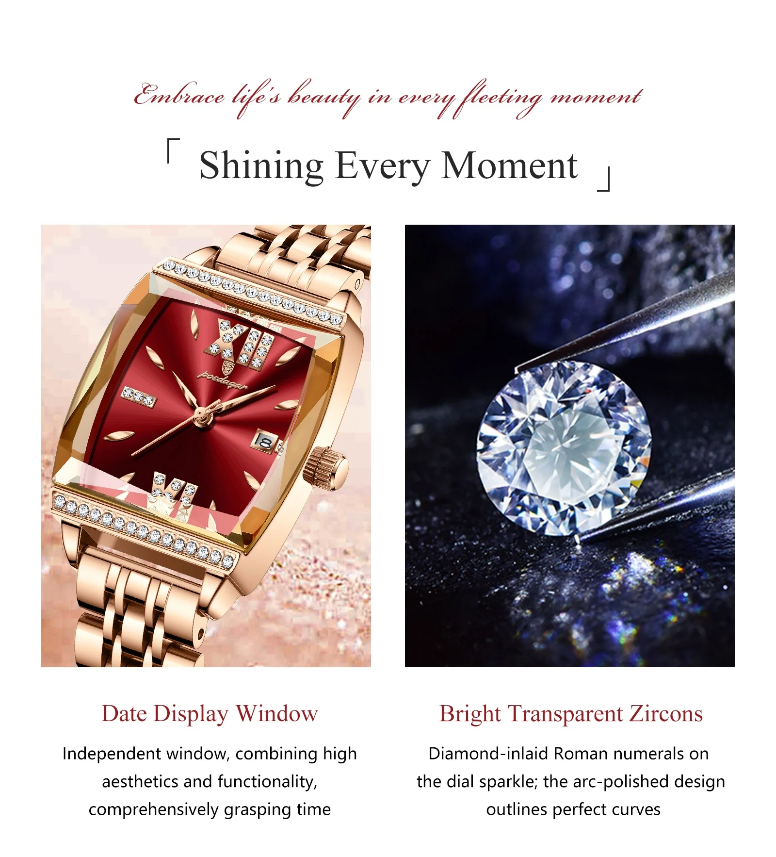 POEDAGAR 795 Tonneau Dial Women Fashion Watch Rose Gold Luxury Quartz Stainless Steel Strap Watches 30M Waterproof Diamond Clock