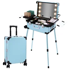 Keyson New Product Glacier Blue Led Makeup Mirror Lamp With Speaker Wireless Custom Logo Makeup Case Makeup Bag With Led Mirror