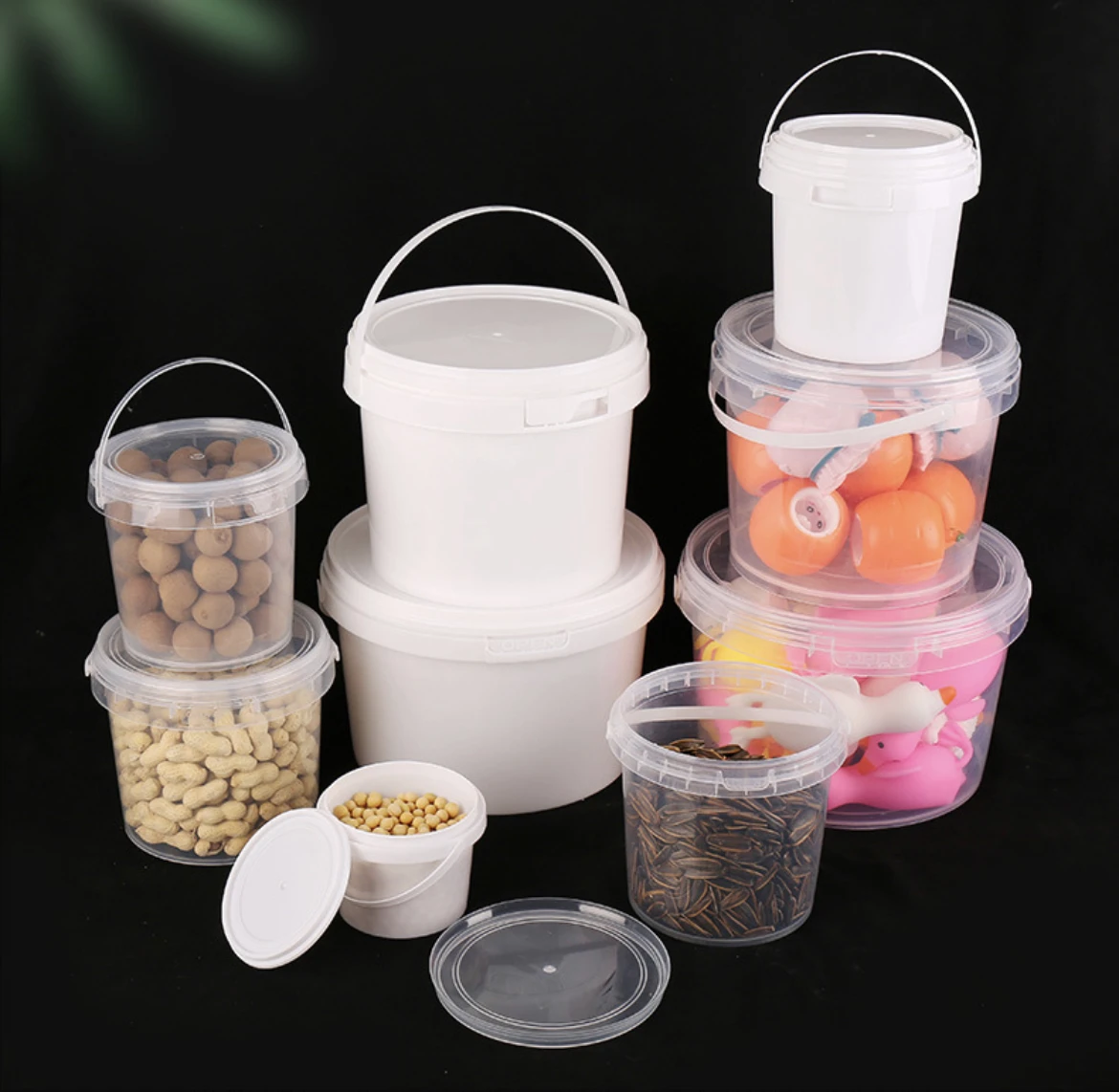 Factory Supply Food Grade Clear Plastic Jars 1L-5L Buckets Handles Lids Custom Colors Printing Logo Container Cream Usage