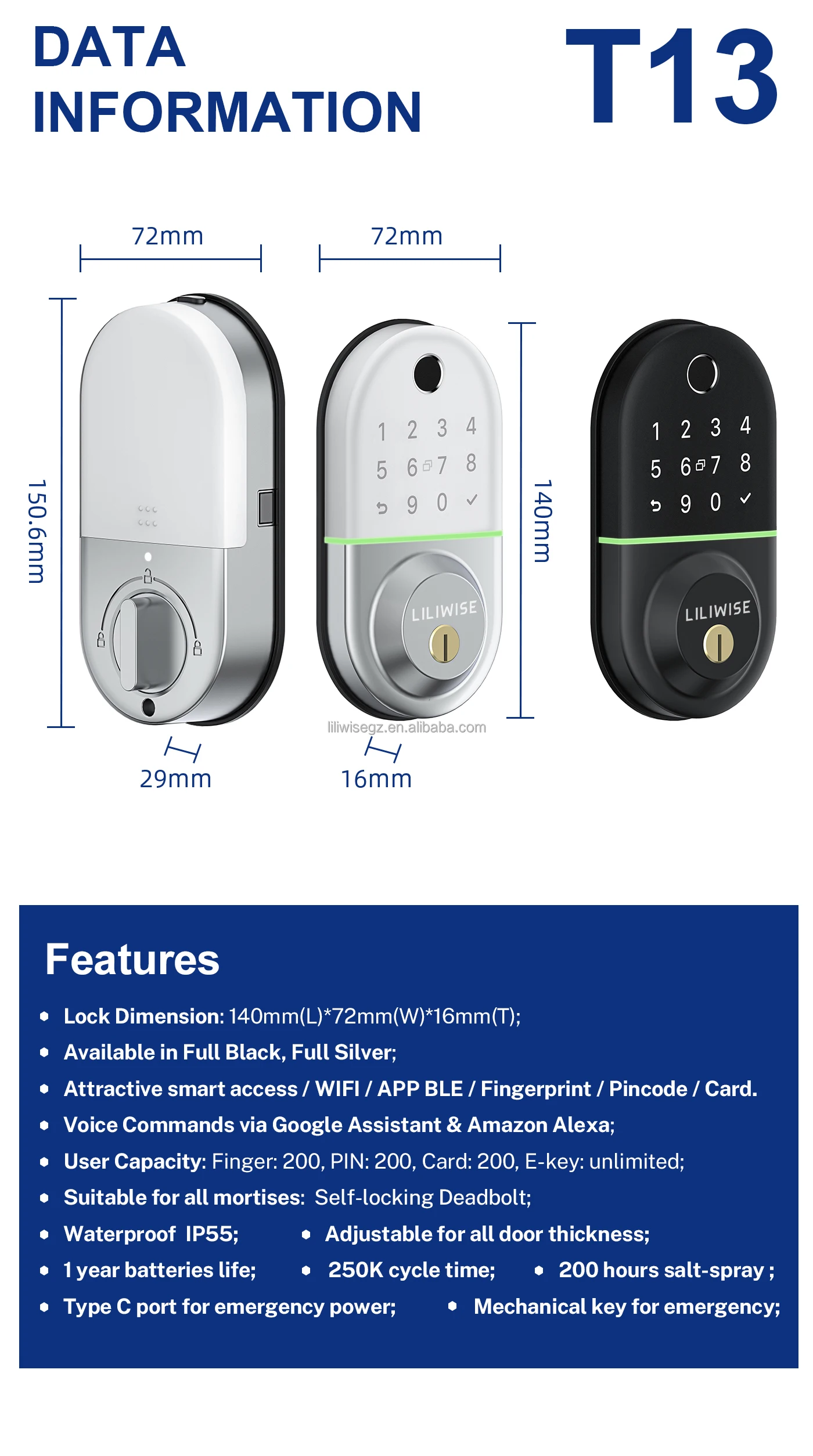 Waterproof Tuya WiFi Fingerprint Smart Door Lock with Grade C Lock Cylinder and 200 Fingerprint Capacity