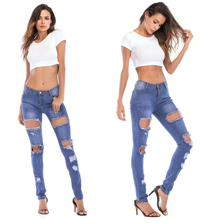 Women Denim Skinny Trousers High Waist Jeans Destroyed Knee Holes Pencil Pants Trousers Stretch Ripped Boyfriend Female