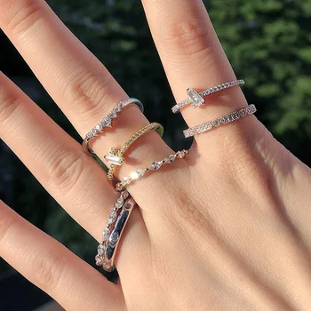 Simple Design Italian small Gold plated Engagement rings Elegant Baguette zircon Diamonds Eternity Wedding Stack Ring for women