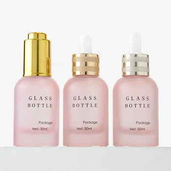 Luxury 30 ml oil bottle Frosted Pink glass dropper bottle skin care hair serum electroplating shiny gold press button dropper