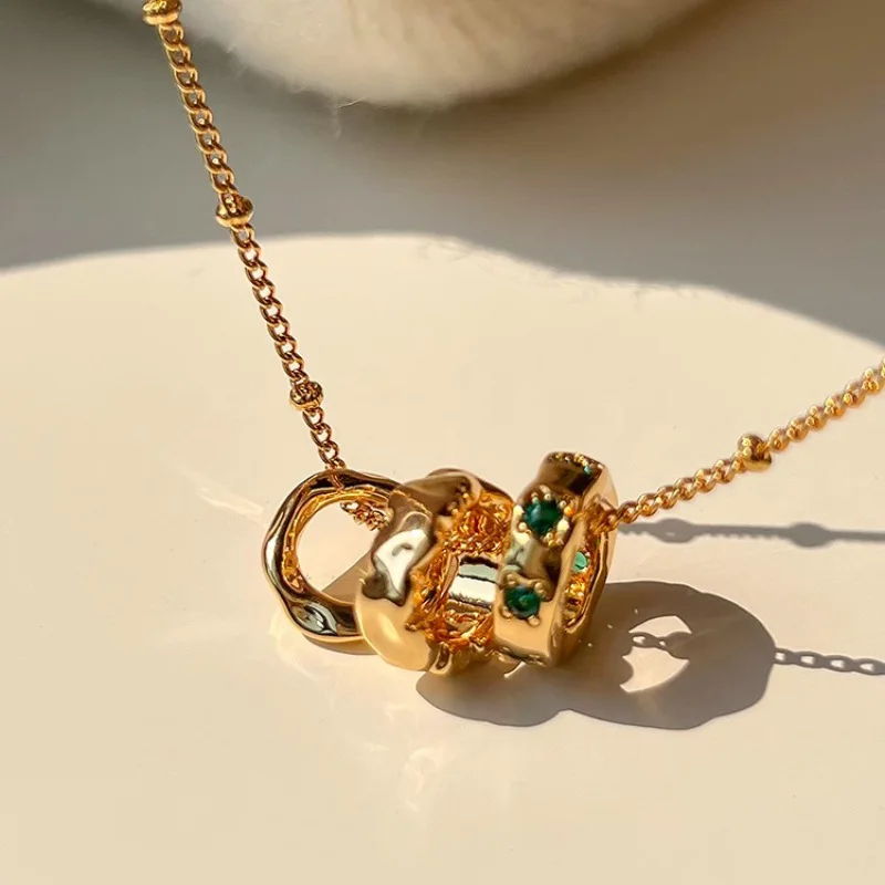 Brass Necklace with Green Zircon Triple Circle Pendant