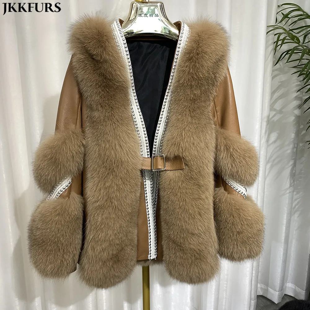 2021 Real Fox Fur Coat Winter Women Coat Genuine Sheepskin Leather ...