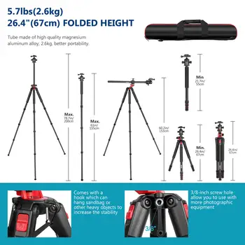 NEEWER 79 Inch Camera Tripod Monopod with Center Column and Ball Head Aluminum Horizontal Tripod Overhead Camera Mount for DSLR detail image
