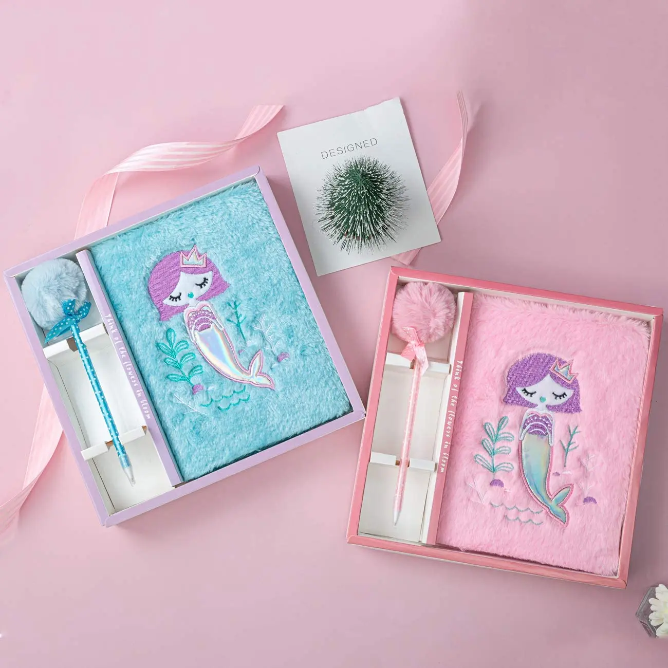 product faux fur plush diary pop it notebook journal set with pom pen kids school stationery set-6