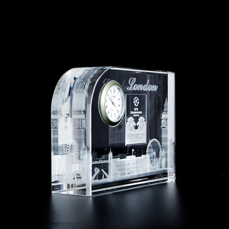 Elegant Office Gifts Service 3d Etched Desktop Crystal Glass Clock factory