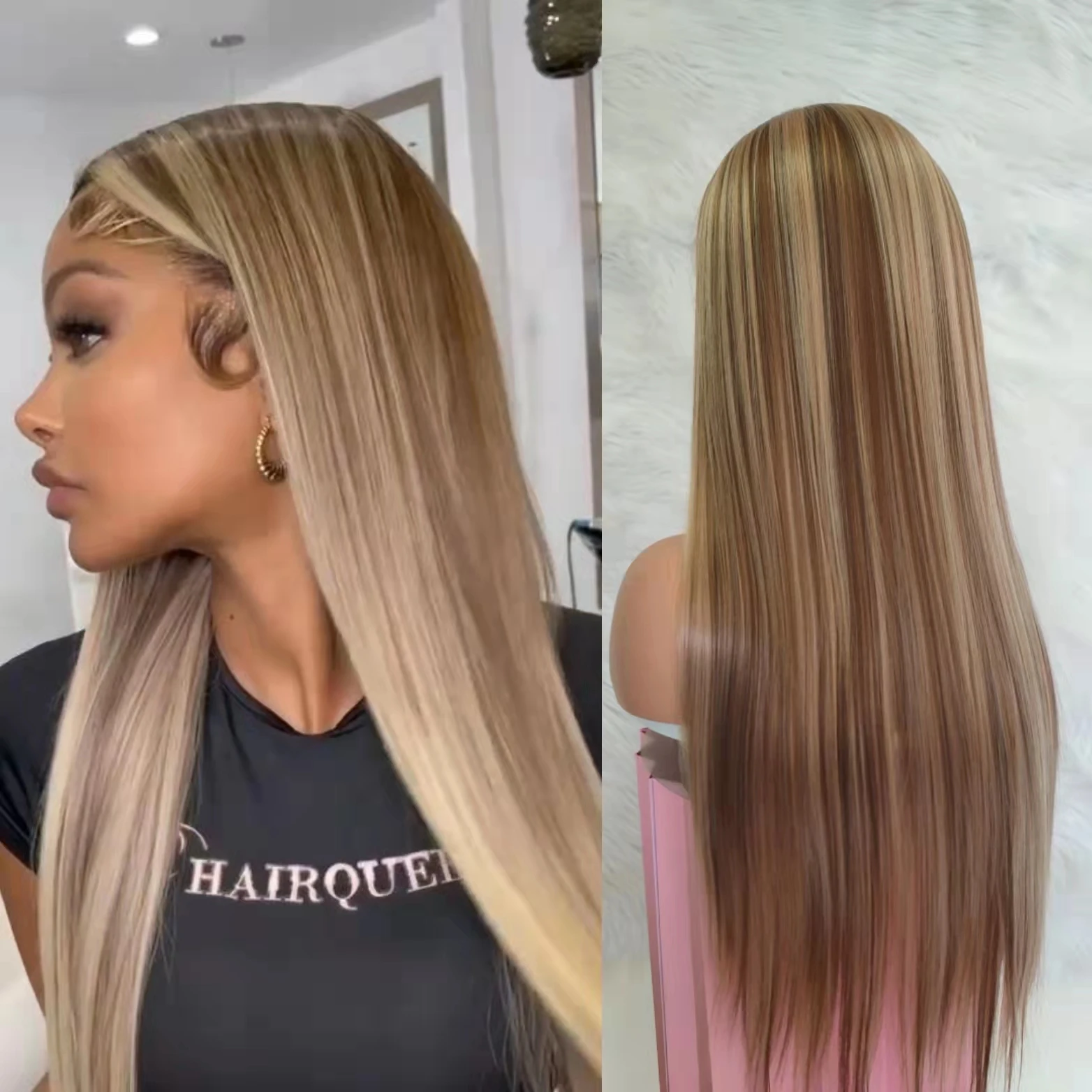 Long Straight Highlights Wig for Black Women Brown Mixed Blonde