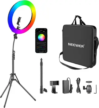 Neewer 18-inch RGB Ring Light With APP Control, Dimmable Bi-Color 3200K-5600K CRI 97+ LED Ring Light With Stand, 0-360 Full