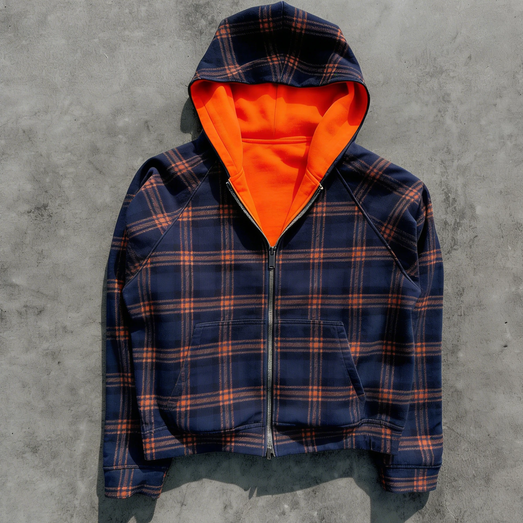 SALATI Custom Baggy Flannel Plaid Double Layer Patchwork Reverse Zip up Waffle Knit Thermal Oversized Men's Hoodies & Sweatshirt gallery 2