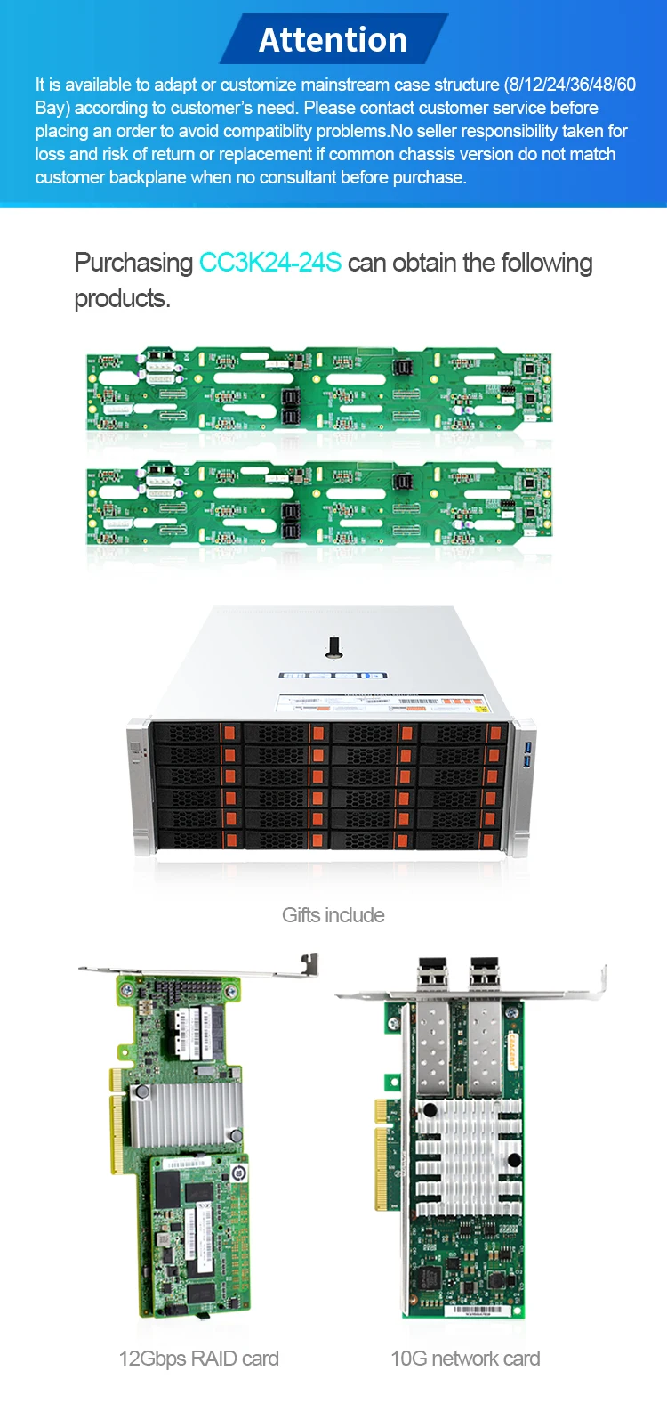 4U 24-bay Rackmount Chassis with Straight-through Backplane CC3K24-24S