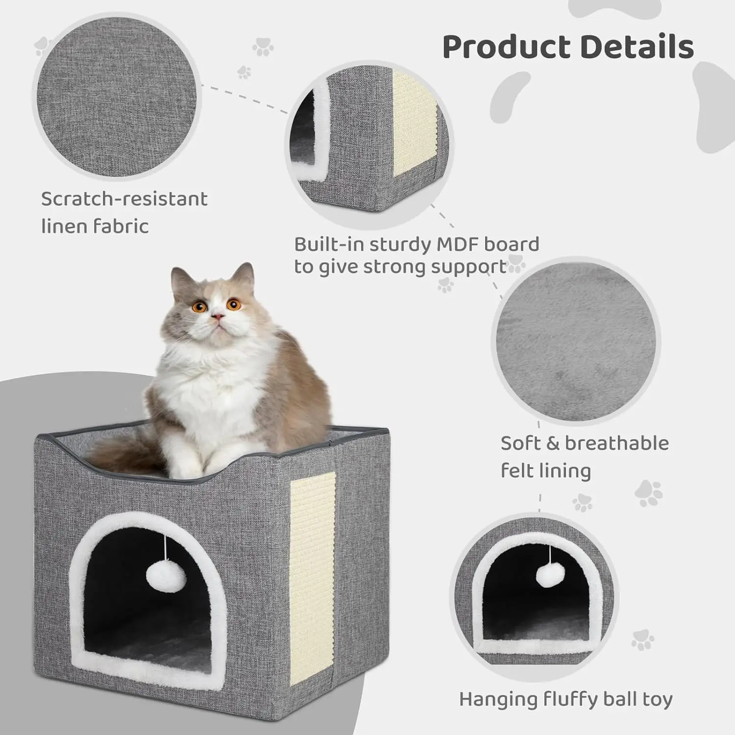 BRIAN & DANY Collapsible Cat Cave Cube - Scratch Board & Hanging Ball, Gray, 37.5x32.5x36 Cm