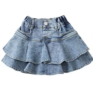 Girls' Toddler Crocheted Denim Skirt Mini Flared Pleated Skorts with Shorts Underneath