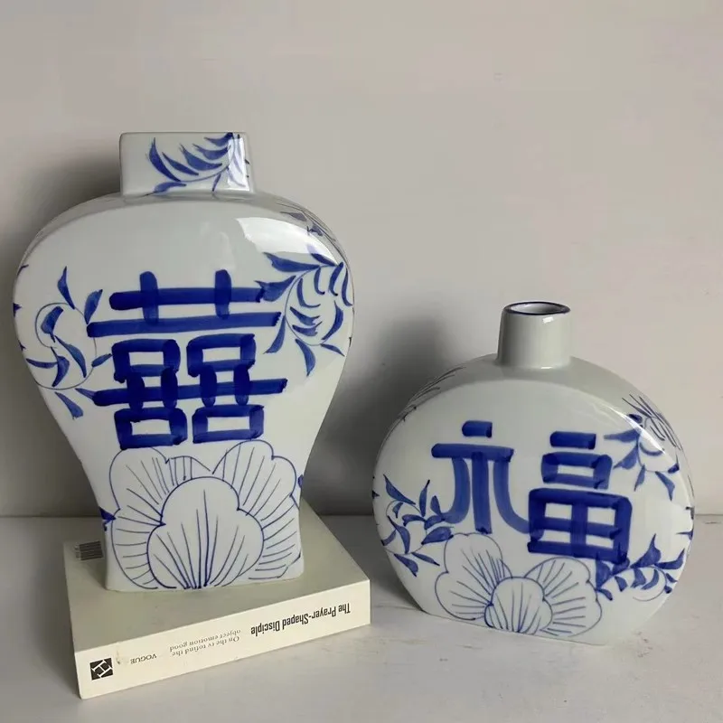 Hand-Painted Blue & White Vintage Ceramic Flower Vases