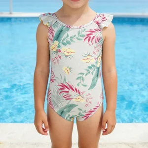 UPF50+ Girls One-Piece Swimwear  OEM Custom Swimwear Beachwear Floral Print Frill Shoulders Kids Beach Swimming Bathing Suit